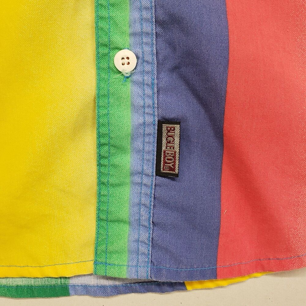 Vintage 90s Bugle Boy Button Up Short Sleeve Shirt Multi Color Striped L XL 7x - Picture 3 of 9